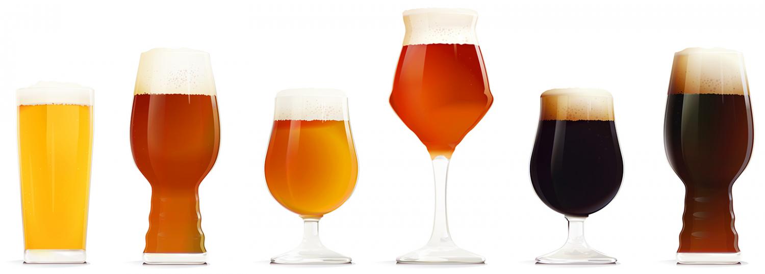 Different beers in an array of glassware
