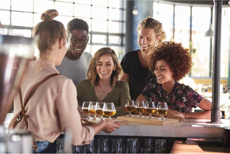 Brewery staff sampling beers at a bar for training